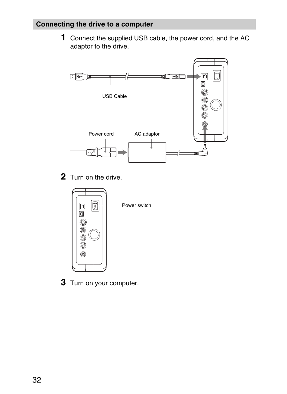 Connecting the drive to a computer | Sony VRD-VC20 User Manual | Page 32 / 56