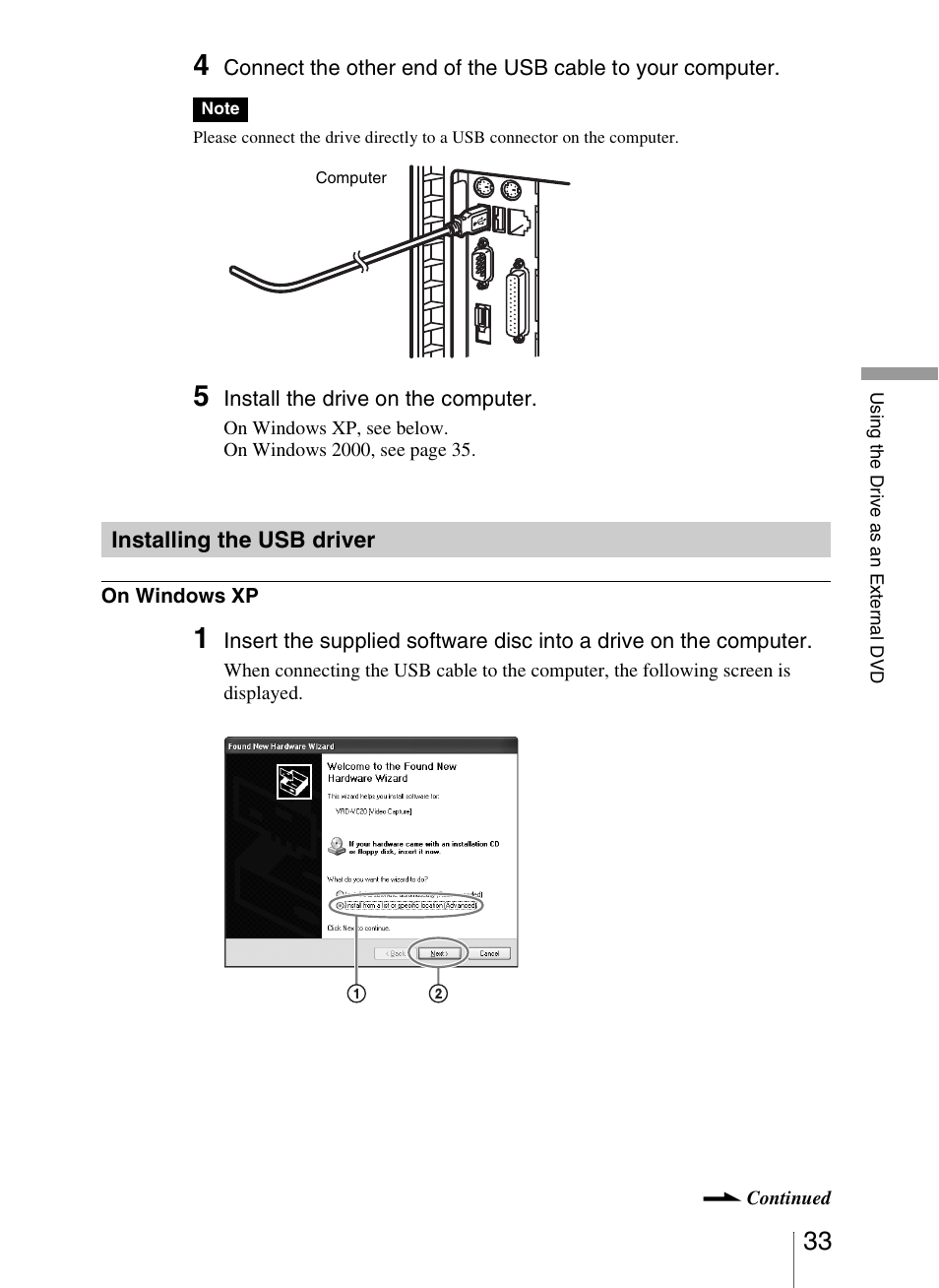 Installing the usb driver | Sony VRD-VC20 User Manual | Page 33 / 56