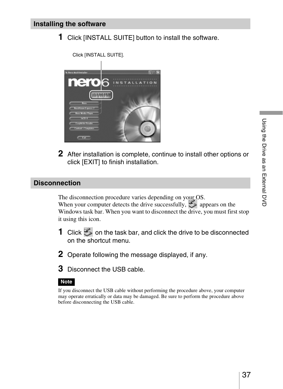 Installing the software, Disconnection | Sony VRD-VC20 User Manual | Page 37 / 56