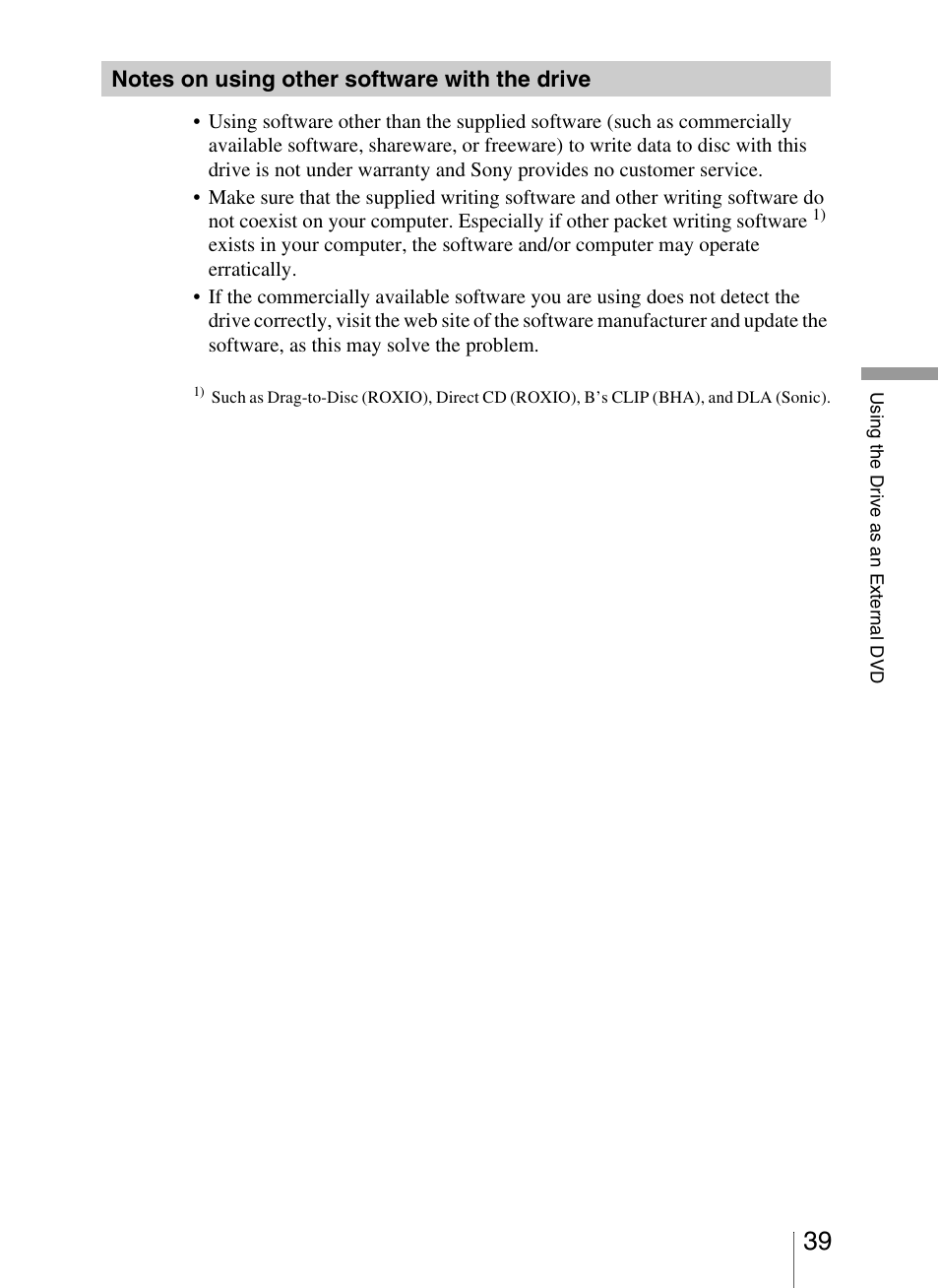 Notes on using other software with the drive | Sony VRD-VC20 User Manual | Page 39 / 56