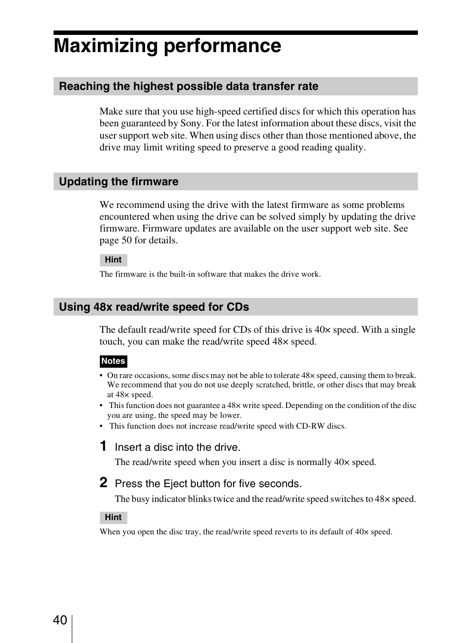 Maximizing performance, Reaching the highest possible data transfer rate, Updating the firmware | Using 48x read/write speed for cds | Sony VRD-VC20 User Manual | Page 40 / 56