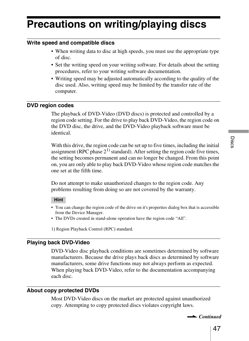 Precautions on writing/playing discs | Sony VRD-VC20 User Manual | Page 47 / 56