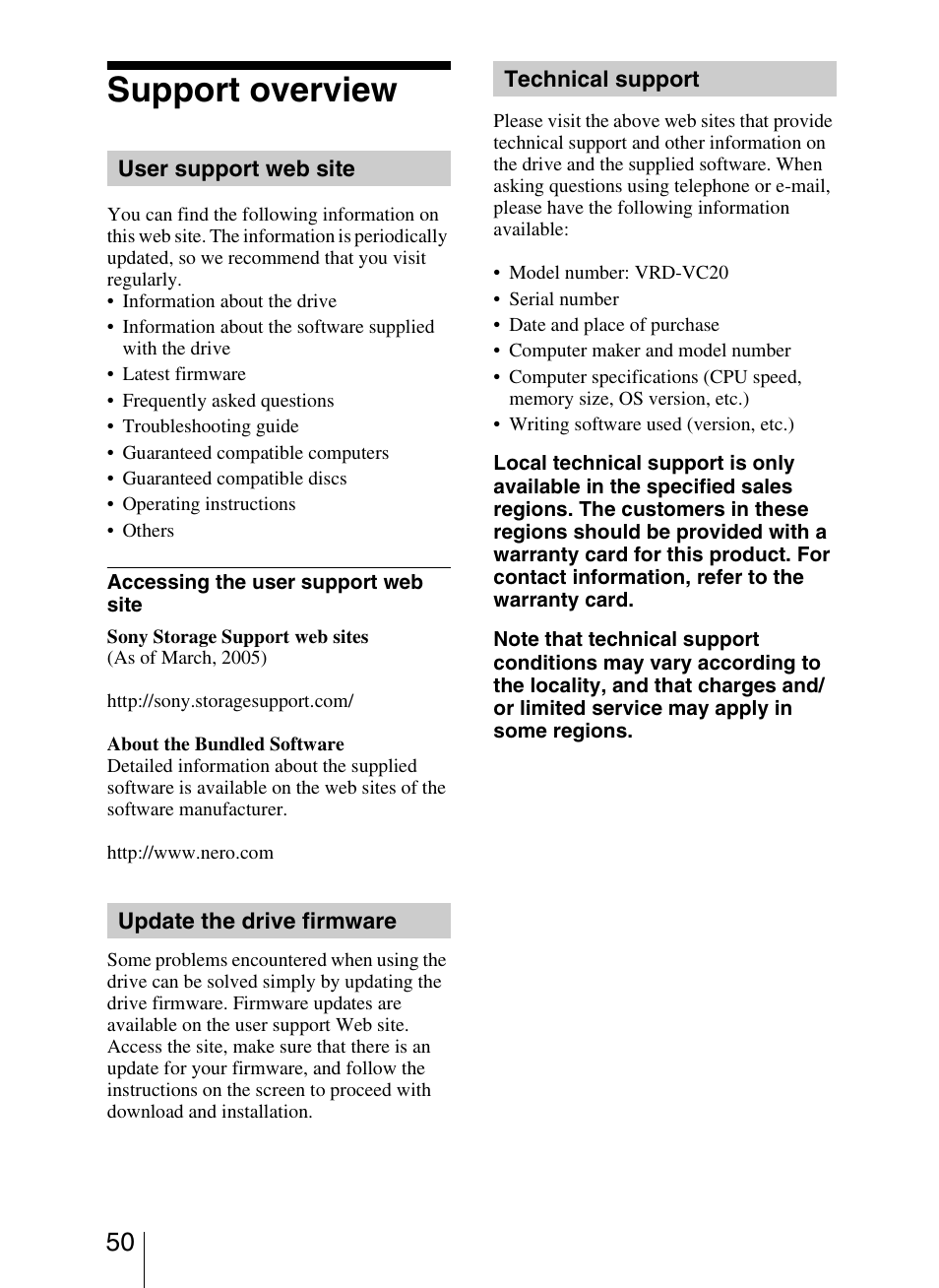 Support overview, User support web site, Update the drive firmware | Technical support | Sony VRD-VC20 User Manual | Page 50 / 56