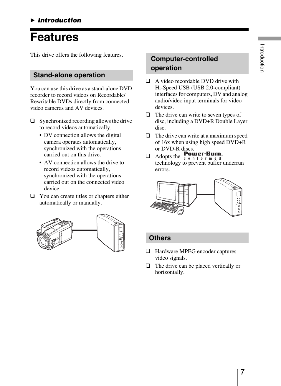 B introduction, Features, Stand-alone operation | Computer-controlled operation, Others, Introduction | Sony VRD-VC20 User Manual | Page 7 / 56