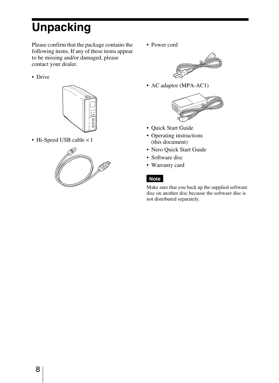 Unpacking | Sony VRD-VC20 User Manual | Page 8 / 56