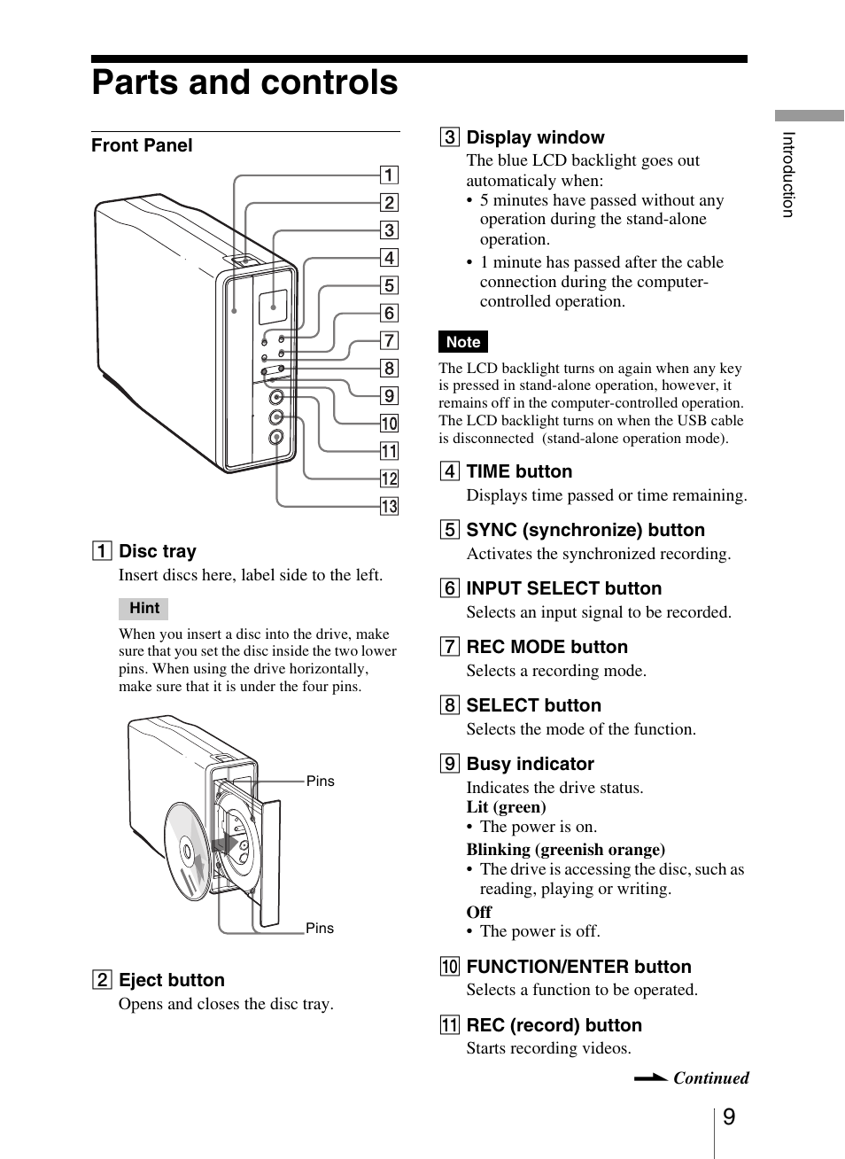 Parts and controls | Sony VRD-VC20 User Manual | Page 9 / 56