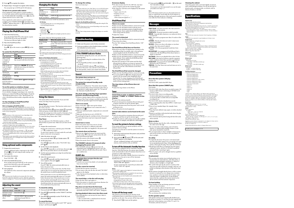 Troubleshooting, Messages, Precautions | Specifications | Sony CMT-V50iP User Manual | Page 2 / 2