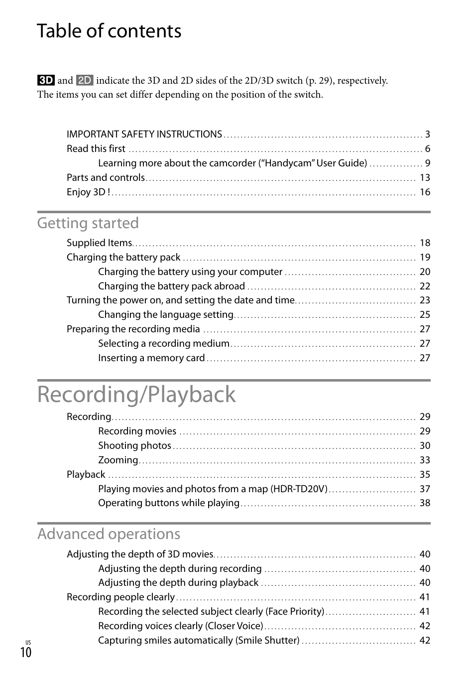 Sony HDR-TD20V User Manual | Page 10 / 191