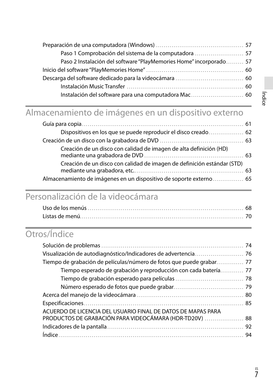 Personalización de la videocámara, Otros/índice | Sony HDR-TD20V User Manual | Page 103 / 191
