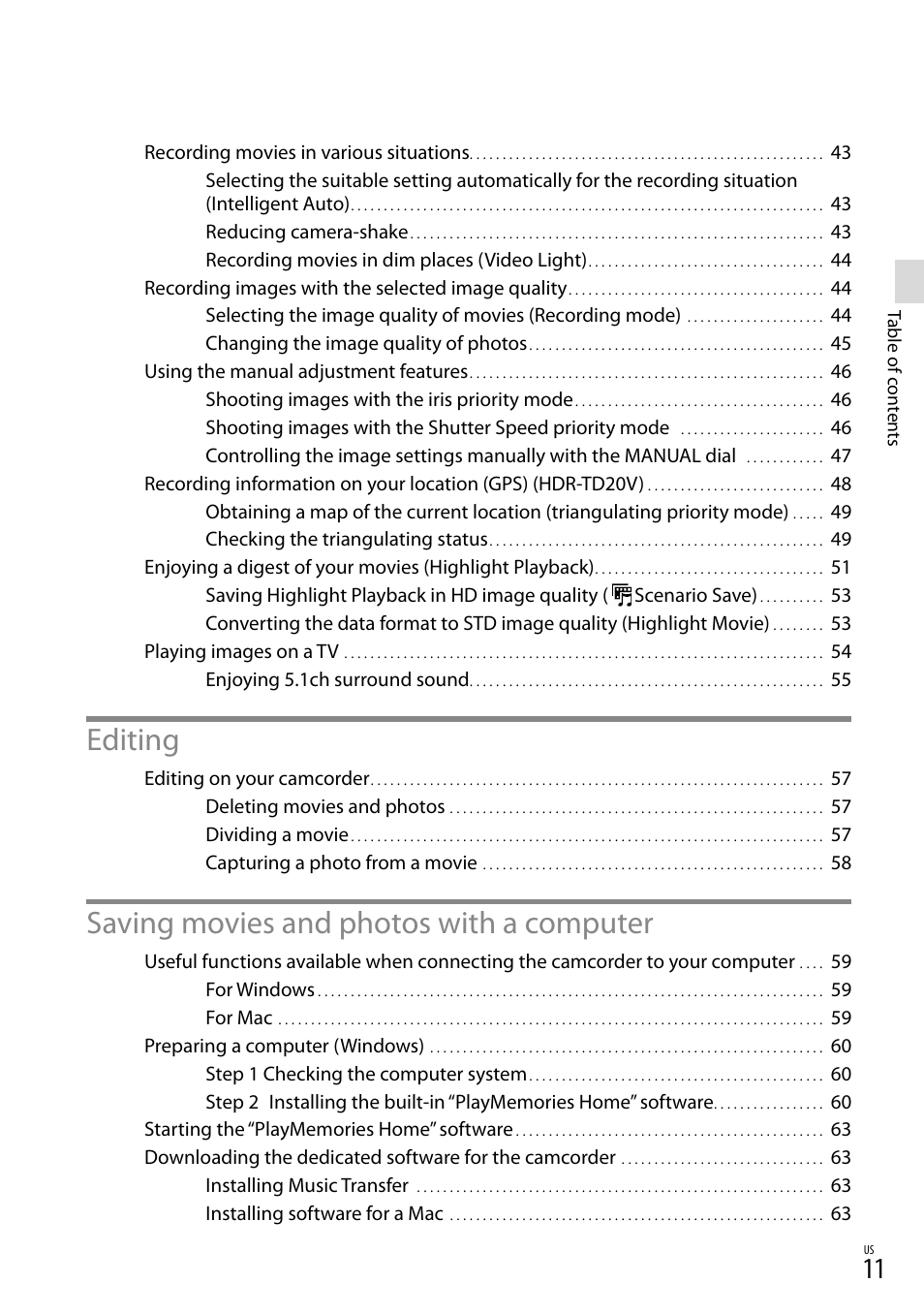 Editing, Saving movies and photos with a computer | Sony HDR-TD20V User Manual | Page 11 / 191