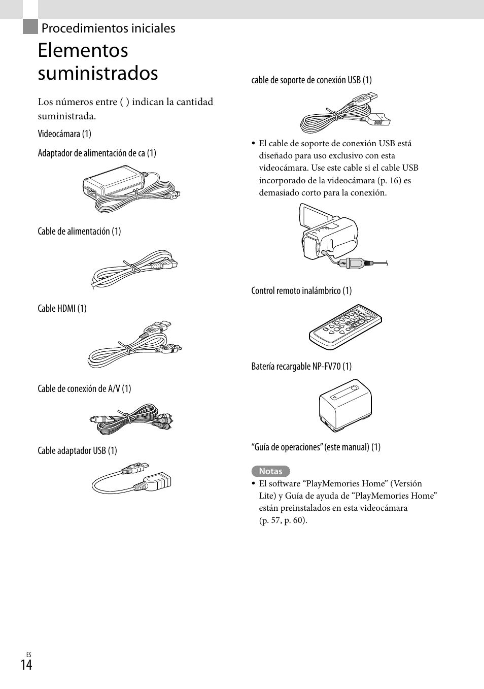 Procedimientos iniciales, Elementos suministrados | Sony HDR-TD20V User Manual | Page 110 / 191