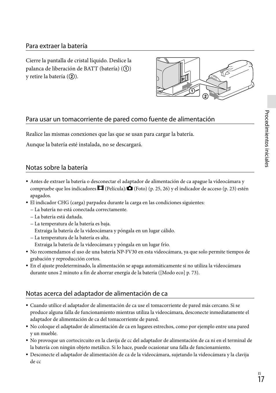 Para extraer la batería, Notas sobre la batería, Notas acerca del adaptador de alimentación de ca | Sony HDR-TD20V User Manual | Page 113 / 191