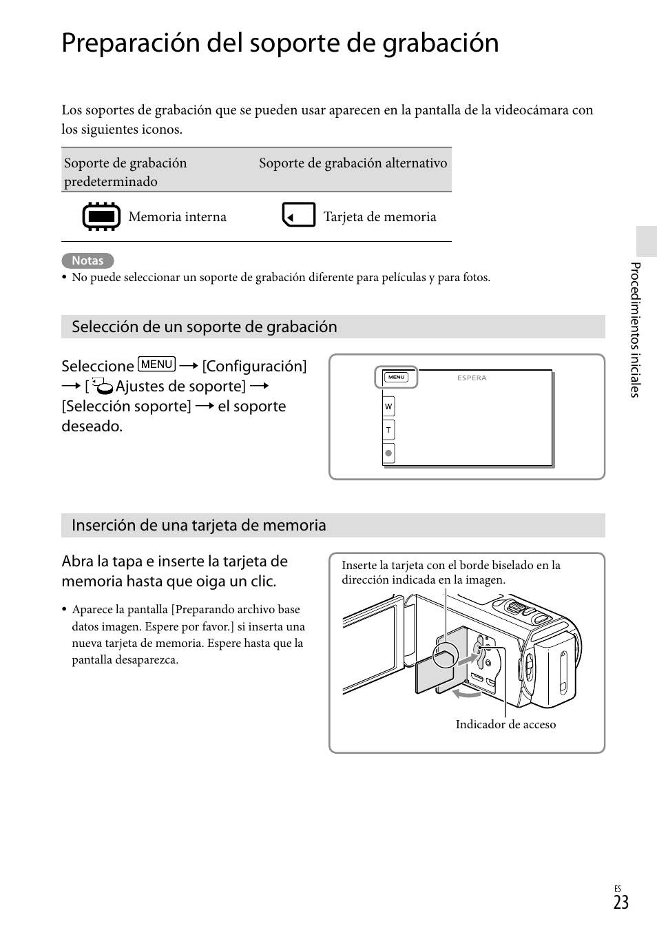 Preparación del soporte de grabación, Selección de un soporte de grabación, Inserción de una tarjeta de memoria | 23) es, Ia (23) | Sony HDR-TD20V User Manual | Page 119 / 191