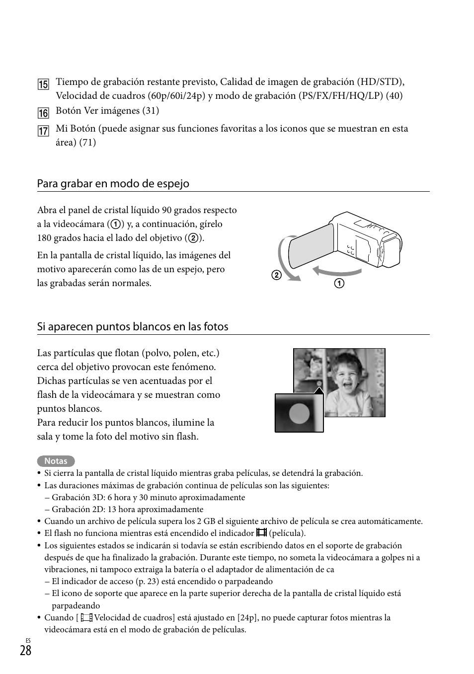 Para grabar en modo de espejo, Si aparecen puntos blancos en las fotos | Sony HDR-TD20V User Manual | Page 124 / 191