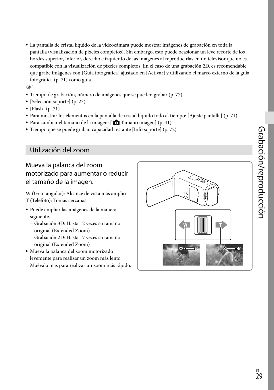Utilización del zoom, Izado (29), Gr abación/r epr oduc ción | Sony HDR-TD20V User Manual | Page 125 / 191