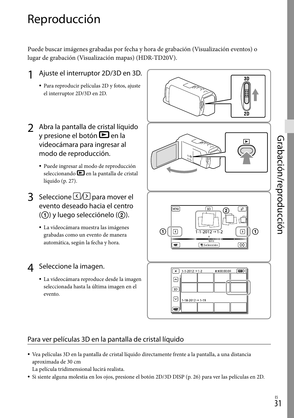 Reproducción, Al index (31), Es (31) | Gr abación/r epr oduc ción | Sony HDR-TD20V User Manual | Page 127 / 191