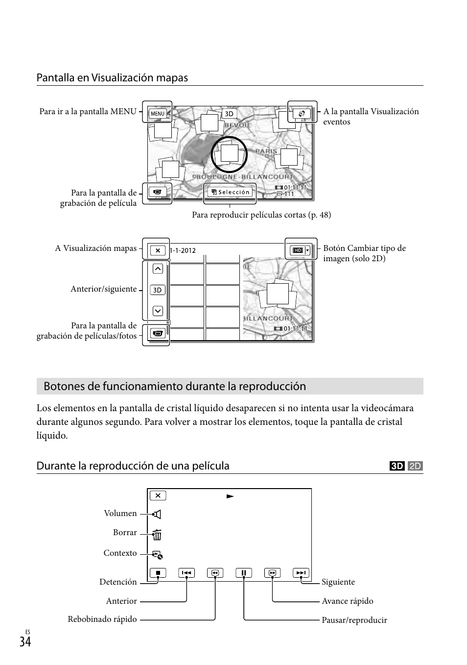 Botones de funcionamiento durante la reproducción, Ow (34), Pantalla en visualización mapas | Durante la reproducción de una película | Sony HDR-TD20V User Manual | Page 130 / 191