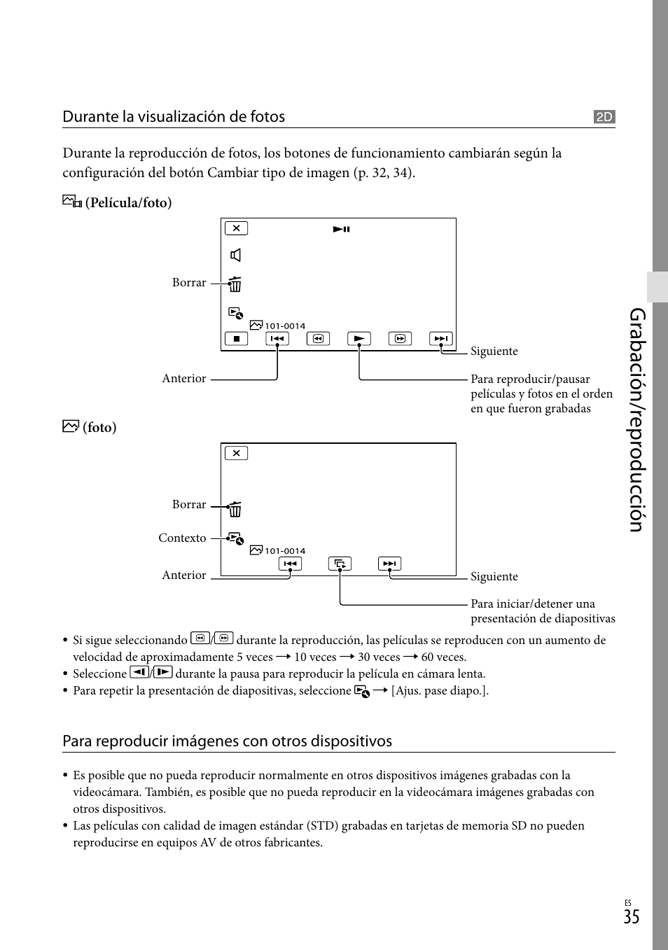 Gr abación/r epr oduc ción, Durante la visualización de fotos, Para reproducir imágenes con otros dispositivos | Sony HDR-TD20V User Manual | Page 131 / 191