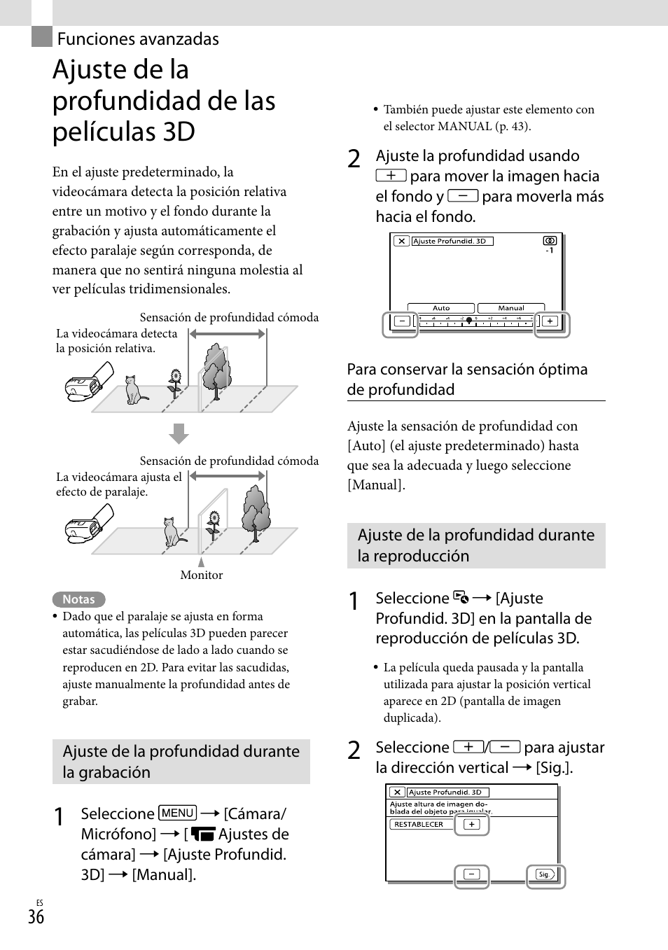 Funciones avanzadas, Ajuste de la profundidad de las películas 3d, Ajuste de la profundidad durante la grabación | Ajuste de la profundidad durante la reproducción | Sony HDR-TD20V User Manual | Page 132 / 191