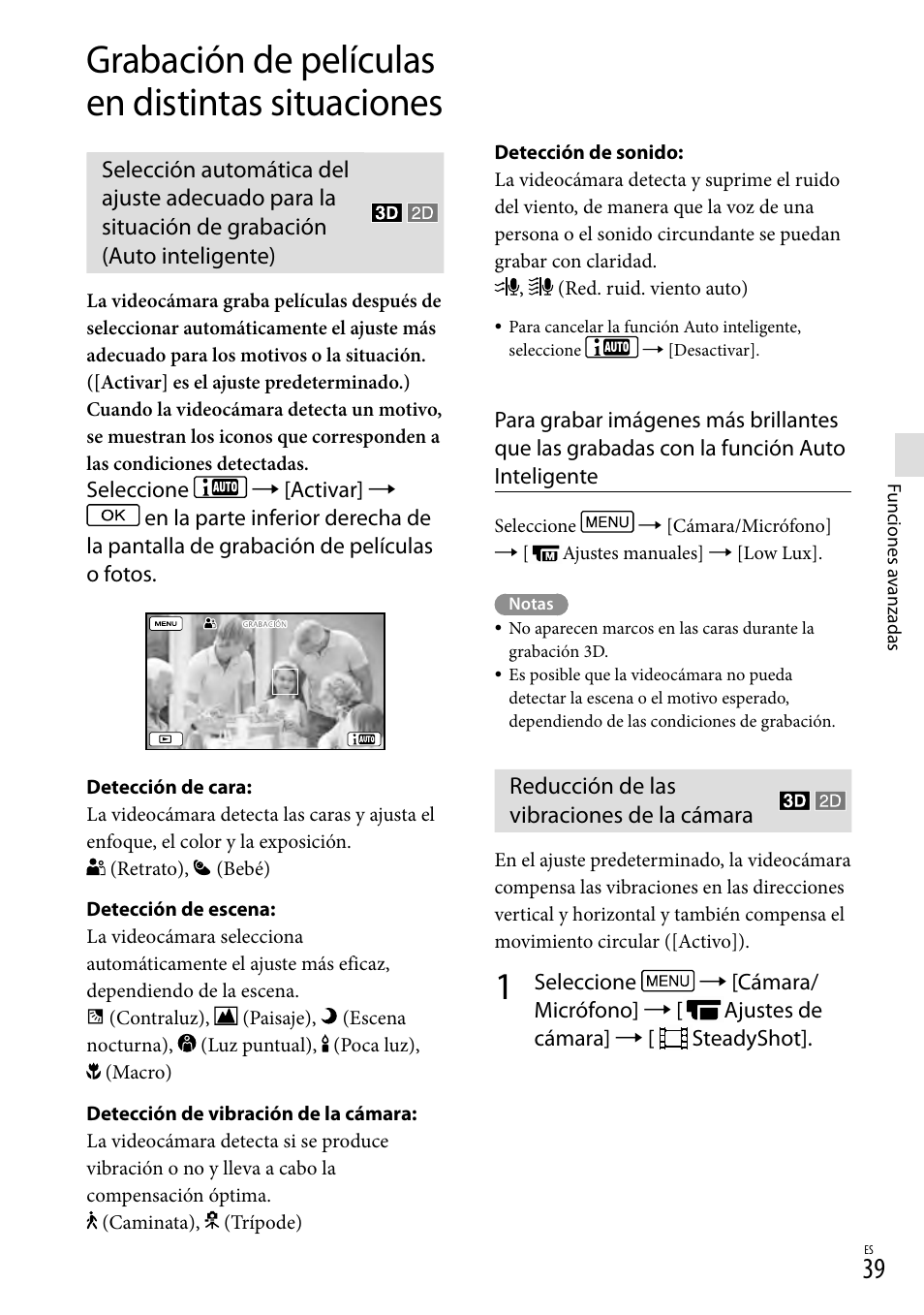 Grabación de películas en distintas situaciones, Reducción de las vibraciones de la cámara, E (39) | Sony HDR-TD20V User Manual | Page 135 / 191