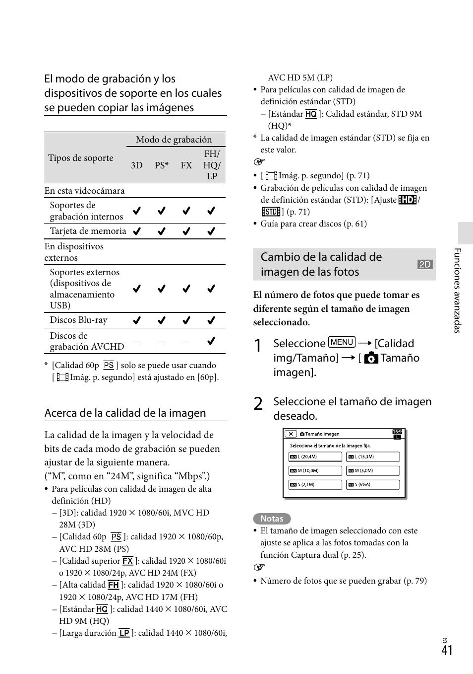 Cambio de la calidad de imagen de las fotos, Acerca de la calidad de la imagen, Seleccione el tamaño de imagen deseado | Sony HDR-TD20V User Manual | Page 137 / 191