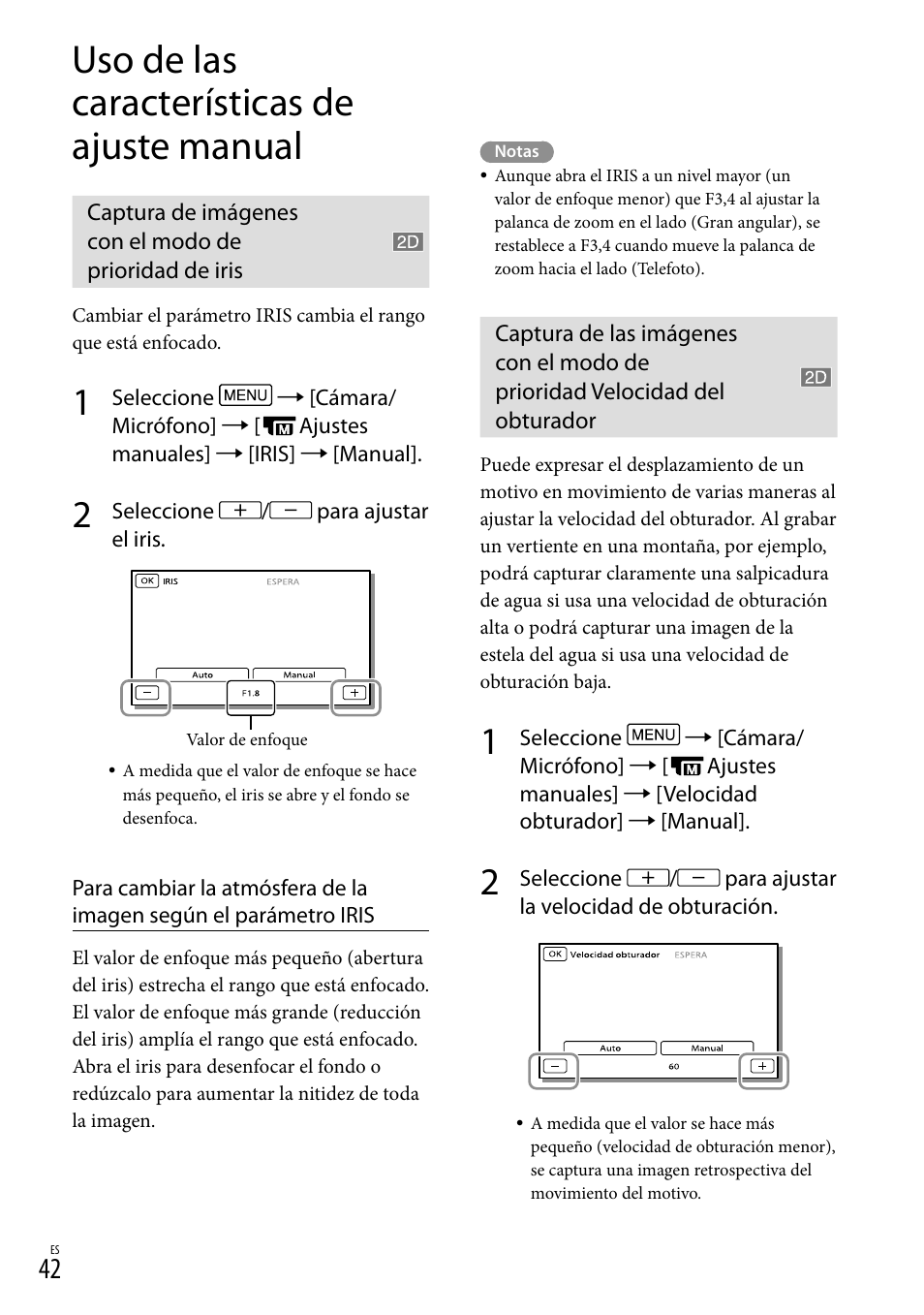 Uso de las características de ajuste manual, Obturador | Sony HDR-TD20V User Manual | Page 138 / 191