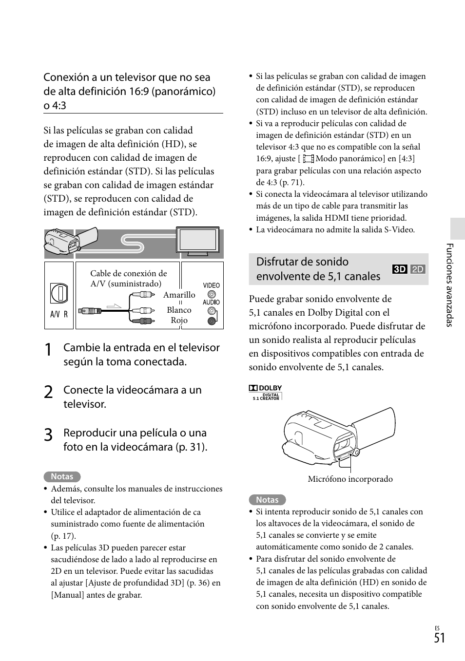Disfrutar de sonido envolvente de 5,1 canales, Conecte la videocámara a un televisor | Sony HDR-TD20V User Manual | Page 147 / 191