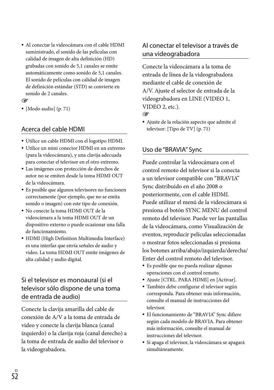 Acerca del cable hdmi, Uso de “bravia” sync | Sony HDR-TD20V User Manual | Page 148 / 191