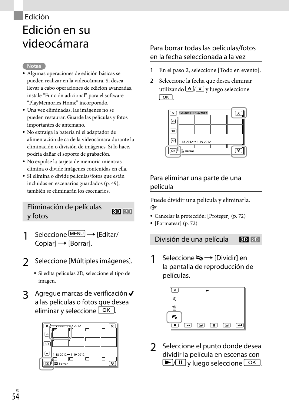 Edición, Edición en su videocámara, Eliminación de películas y fotos | División de una película | Sony HDR-TD20V User Manual | Page 150 / 191
