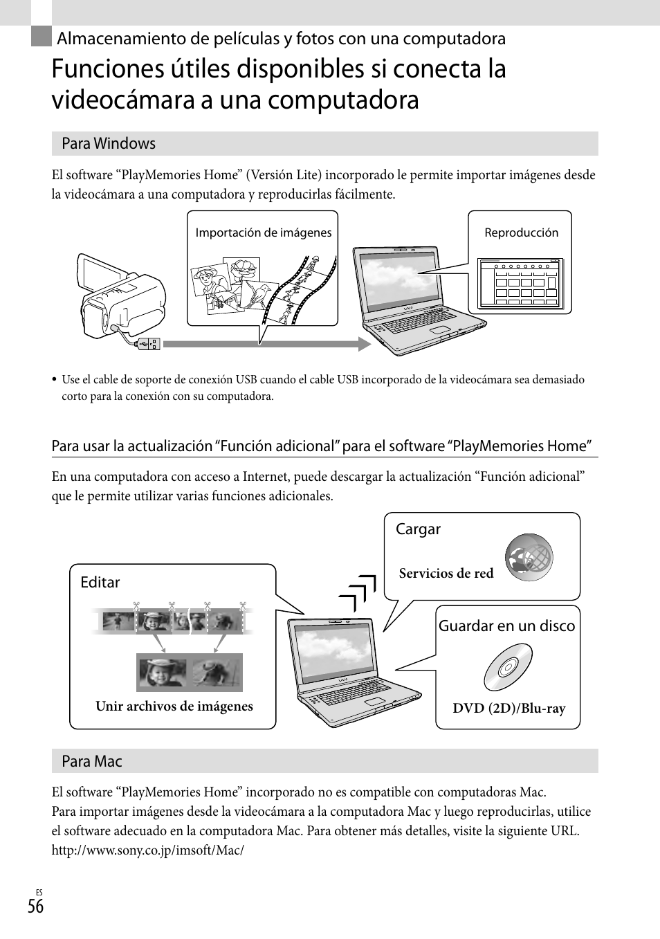 Para windows, Para mac, Almacenamiento de películas y fotos con una | Computadora, Para windows para mac | Sony HDR-TD20V User Manual | Page 152 / 191