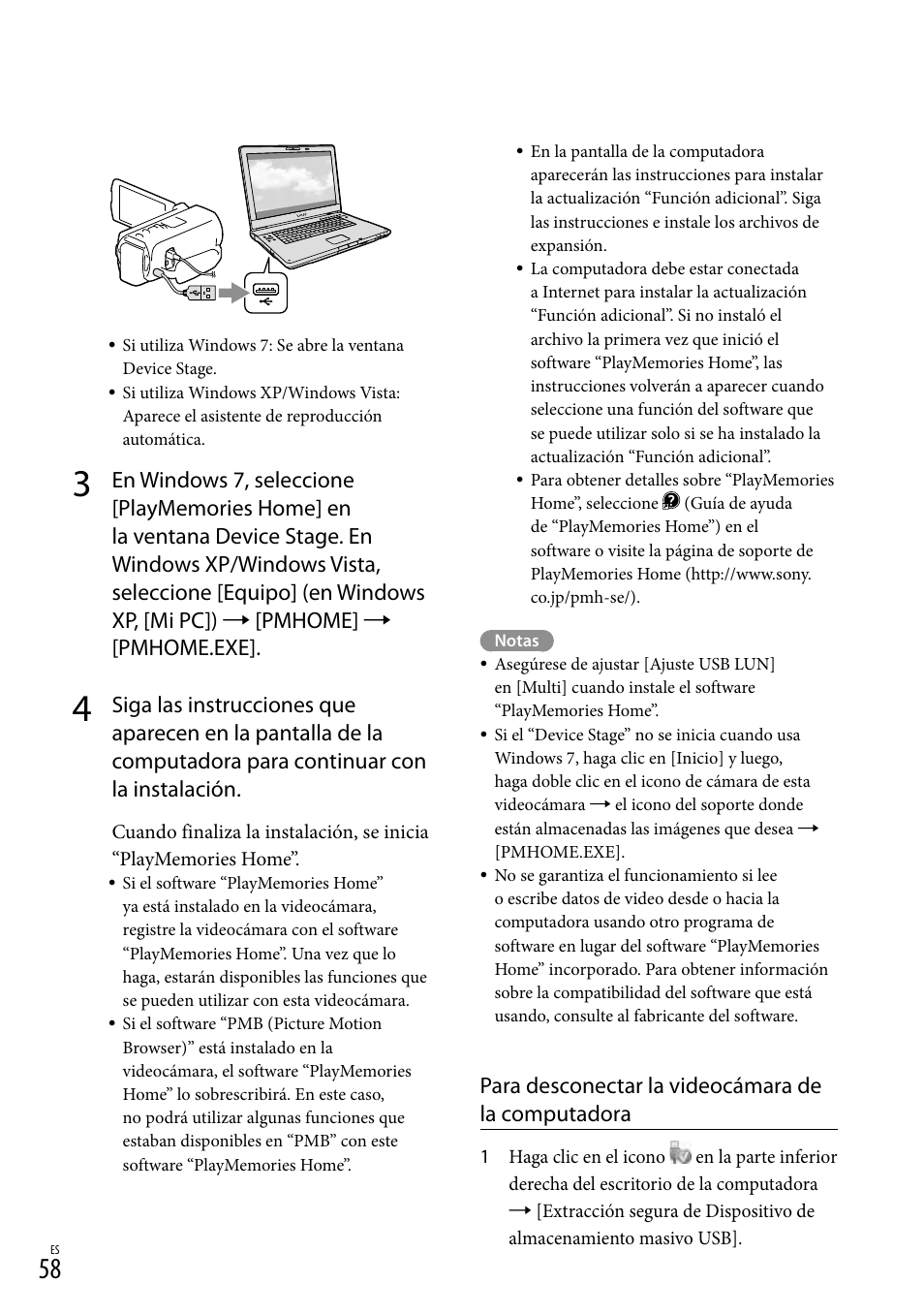 Para desconectar la videocámara de la computadora | Sony HDR-TD20V User Manual | Page 154 / 191