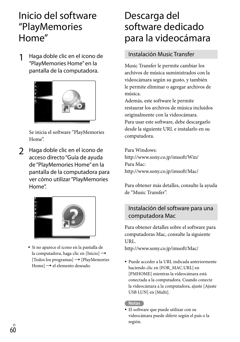 Inicio del software “playmemories home, Descarga del software dedicado para la videocámara, Instalación music transfer | Instalación del software para una computadora mac | Sony HDR-TD20V User Manual | Page 156 / 191