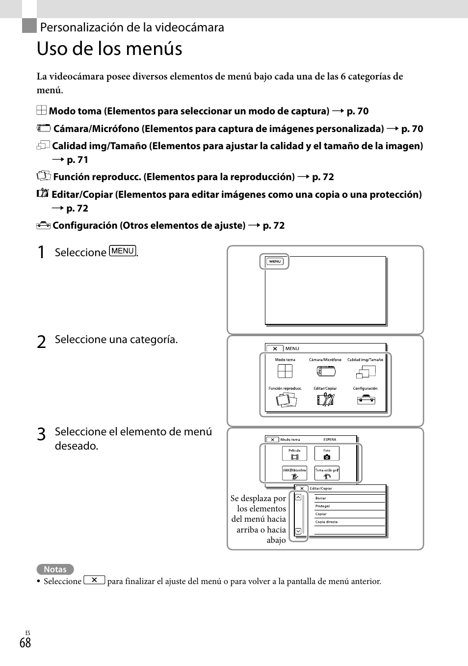 Personalización de la videocámara, Uso de los menús, N menu (68) | Sony HDR-TD20V User Manual | Page 164 / 191