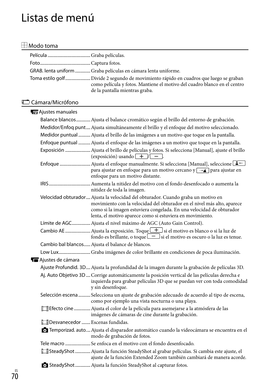 Listas de menú | Sony HDR-TD20V User Manual | Page 166 / 191