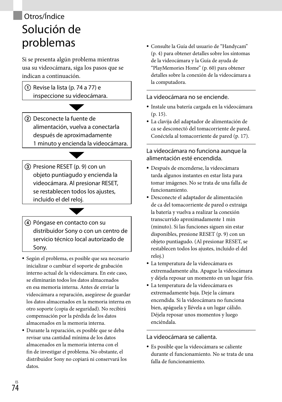 Otros/índice, Solución de problemas | Sony HDR-TD20V User Manual | Page 170 / 191