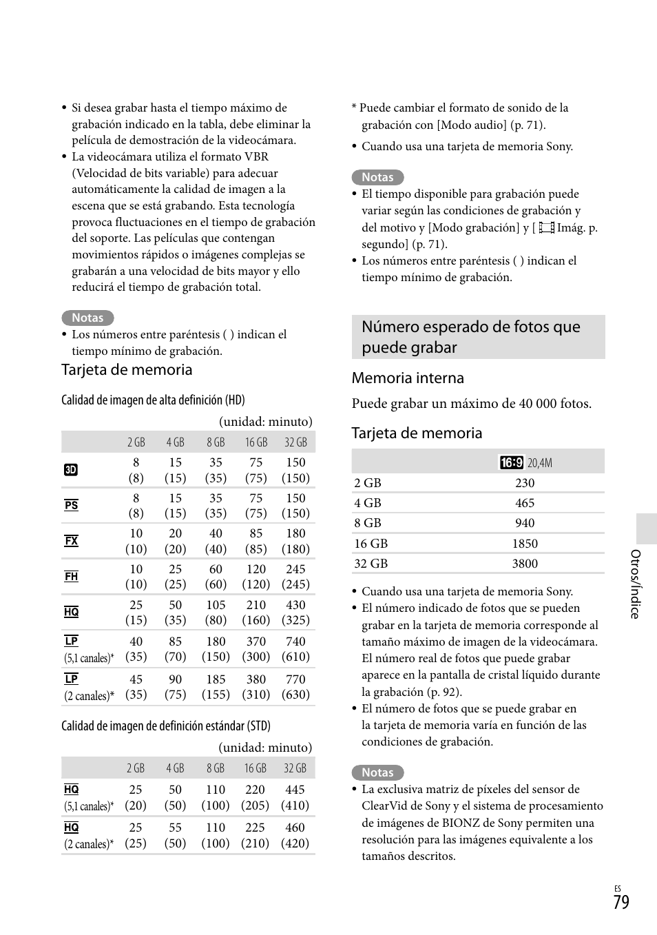 Número esperado de fotos que puede grabar | Sony HDR-TD20V User Manual | Page 175 / 191