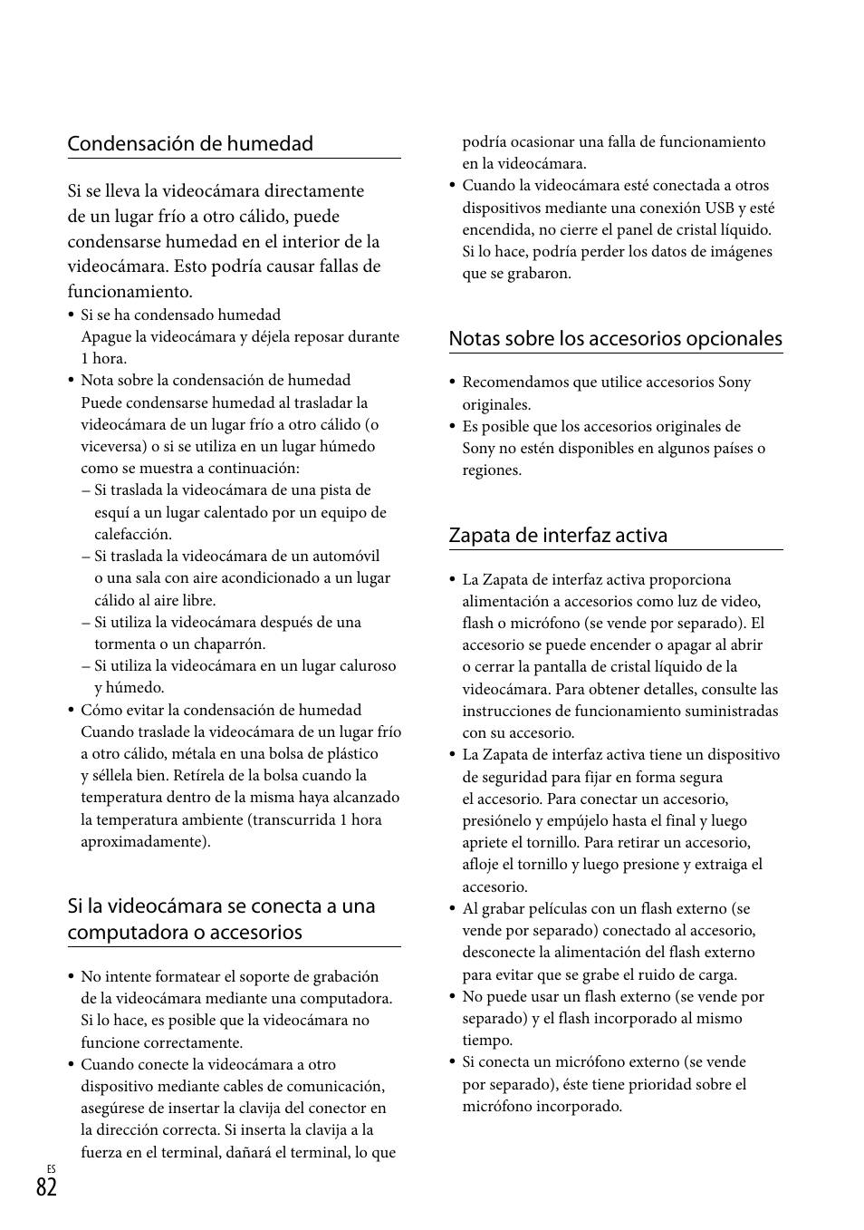 Condensación de humedad, Notas sobre los accesorios opcionales, Zapata de interfaz activa | Sony HDR-TD20V User Manual | Page 178 / 191