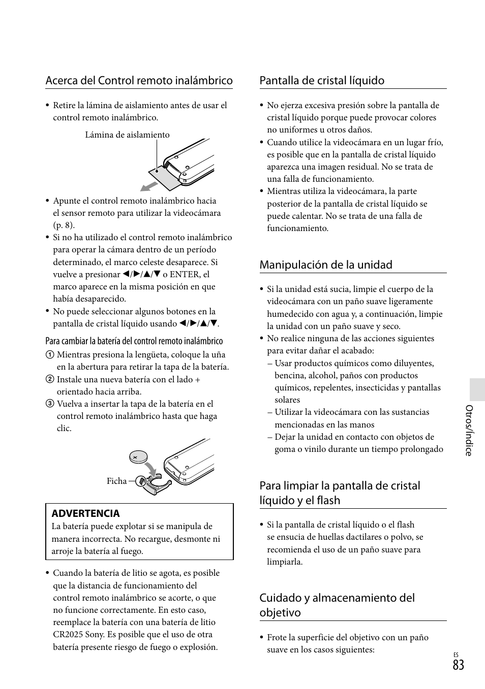 Acerca del control remoto inalámbrico, Pantalla de cristal líquido, Manipulación de la unidad | Cuidado y almacenamiento del objetivo | Sony HDR-TD20V User Manual | Page 179 / 191