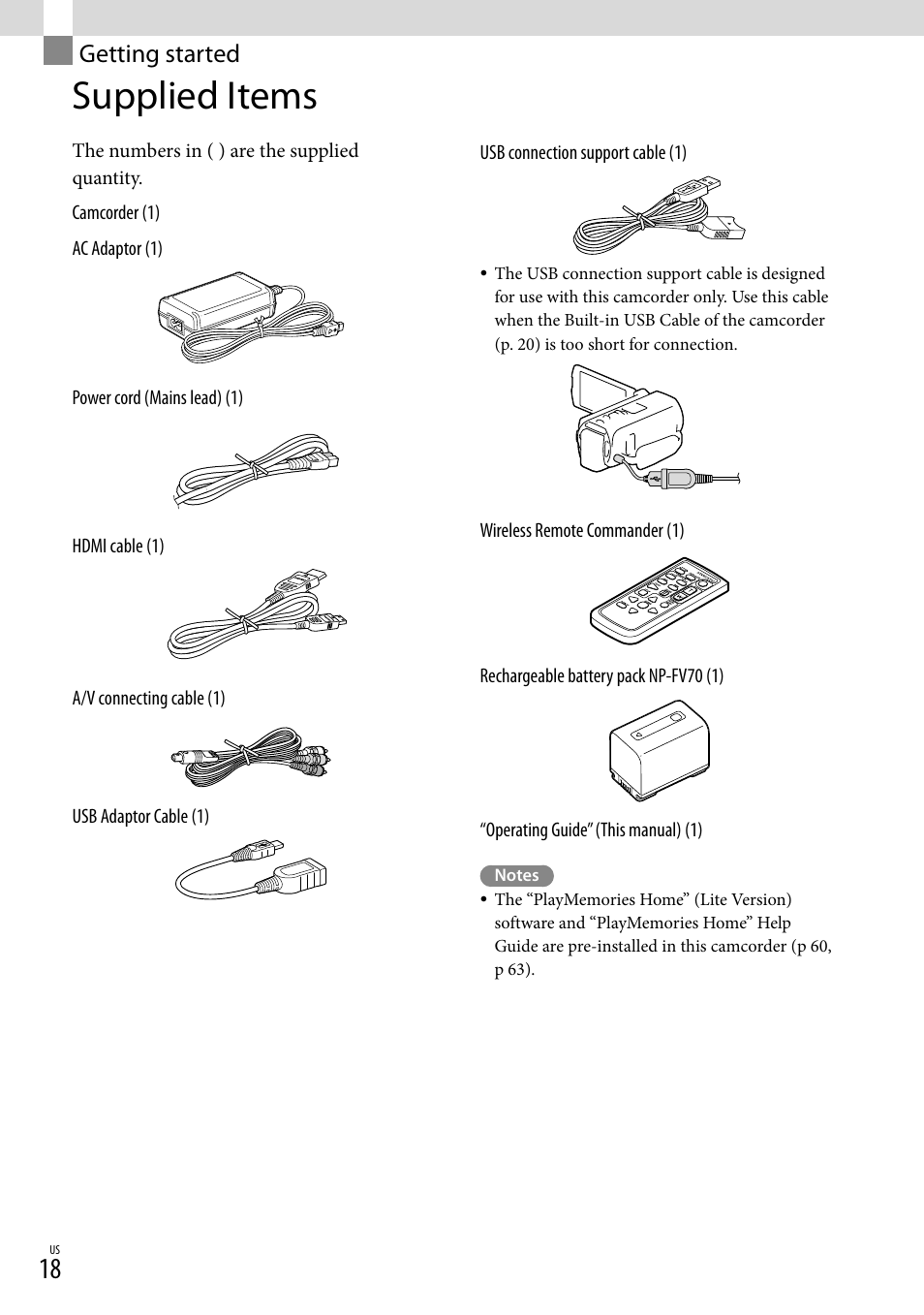 Getting started, Supplied items | Sony HDR-TD20V User Manual | Page 18 / 191