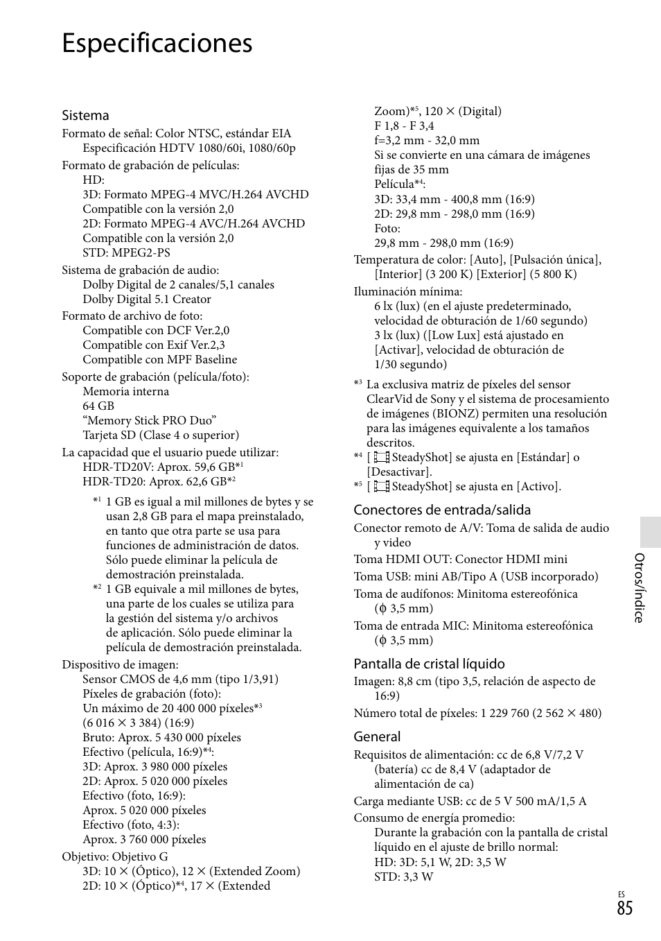 Especificaciones, Sistema, Conectores de entrada/salida | Pantalla de cristal líquido, General | Sony HDR-TD20V User Manual | Page 181 / 191