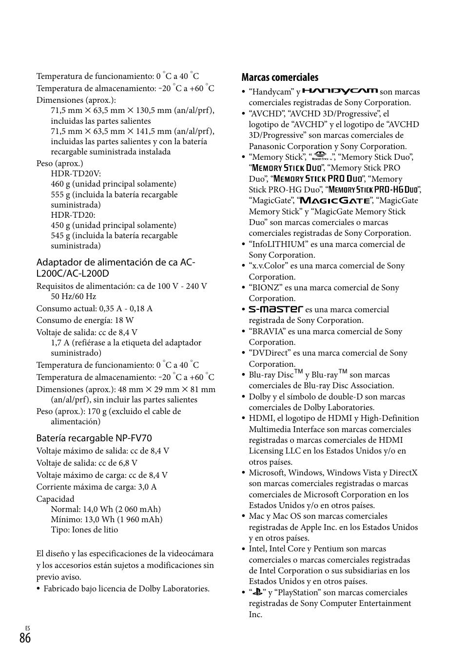 Marcas comerciales, Batería recargable np-fv70 | Sony HDR-TD20V User Manual | Page 182 / 191
