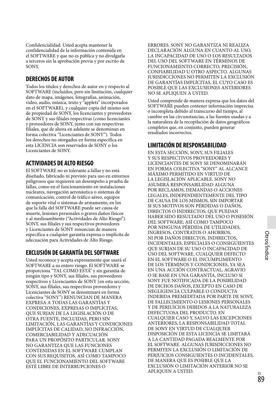 Derechos de autor, Actividades de alto riesgo, Exclusión de garantía del software | Limitación de responsabilidad | Sony HDR-TD20V User Manual | Page 185 / 191