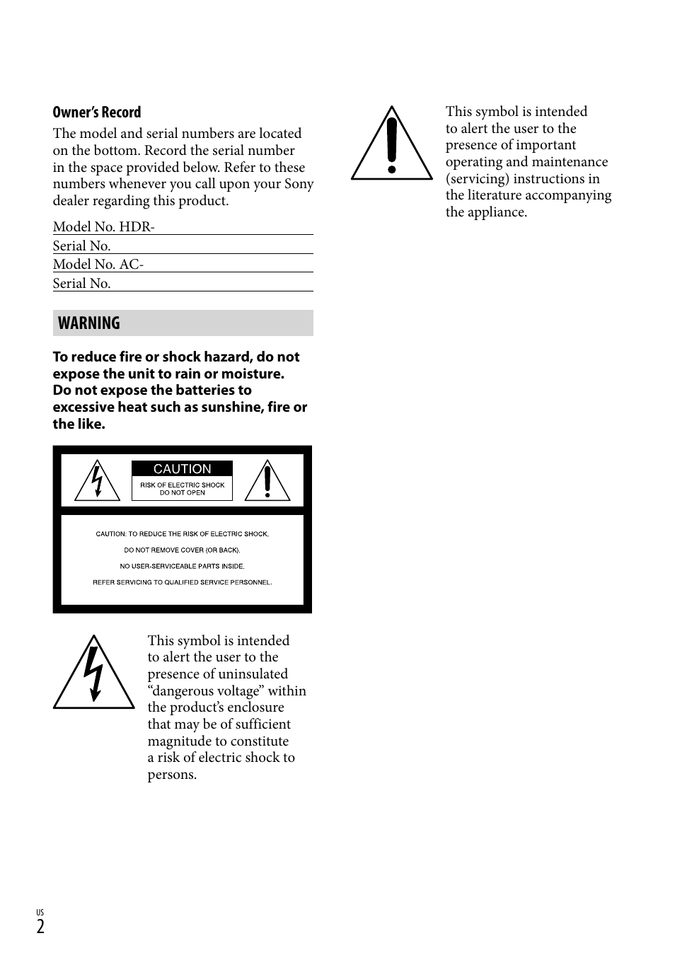 Warning | Sony HDR-TD20V User Manual | Page 2 / 191