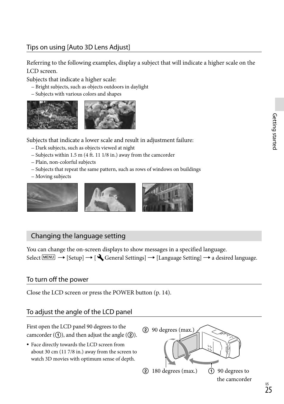 Changing the language setting, Tips on using [auto 3d lens adjust | Sony HDR-TD20V User Manual | Page 25 / 191