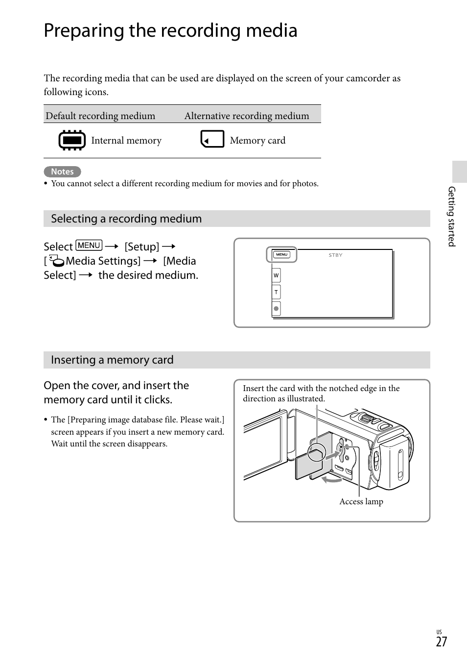 Preparing the recording media, Selecting a recording medium, Inserting a memory card | 27) i, 27) a, Ess lamp (27) | Sony HDR-TD20V User Manual | Page 27 / 191