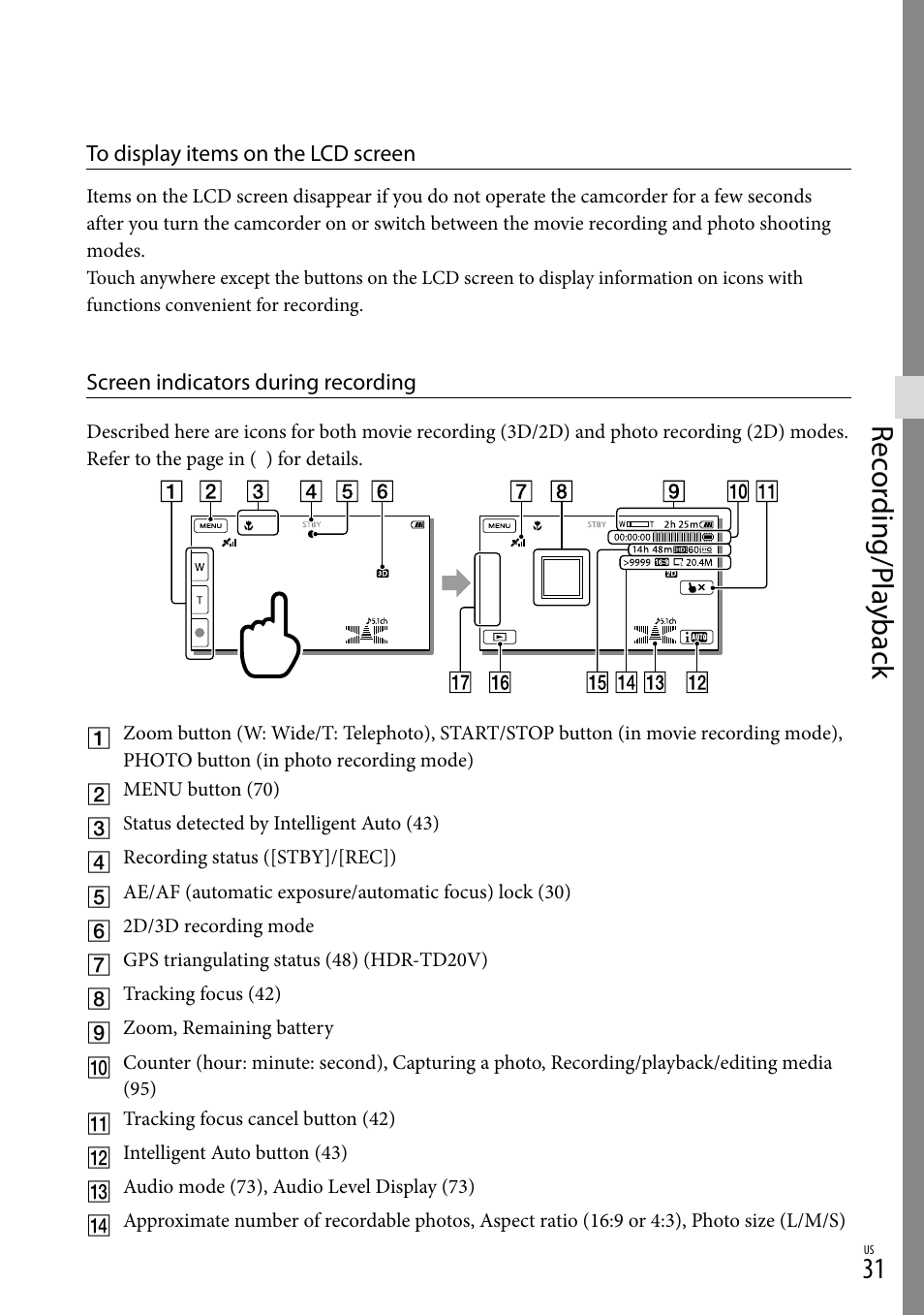 On (31), R (31), Rec or ding/p la yback | Sony HDR-TD20V User Manual | Page 31 / 191