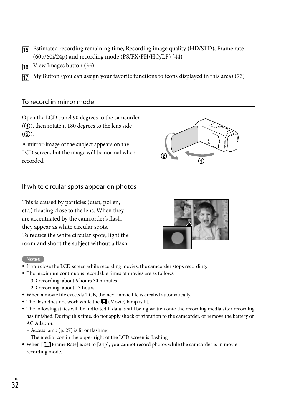 If white circular spots appear on photos | Sony HDR-TD20V User Manual | Page 32 / 191