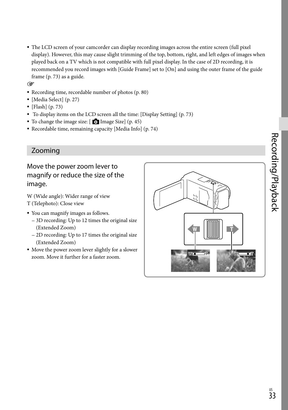 Zooming, Er (33), Rec or ding/p la yback | Sony HDR-TD20V User Manual | Page 33 / 191