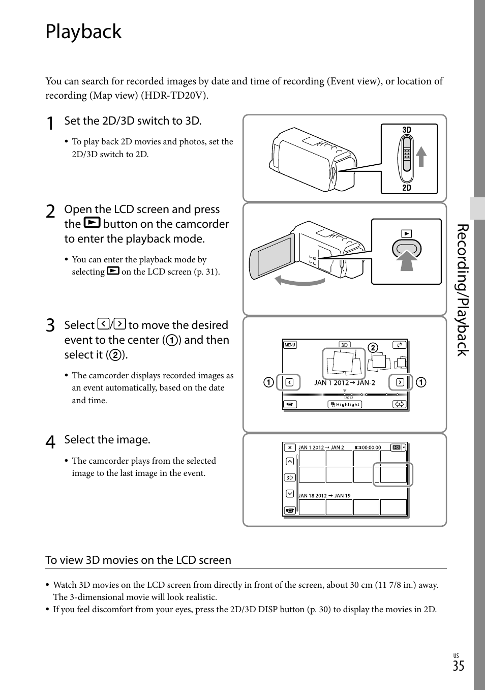 Playback, On (35), N (35) | Rec or ding/p la yback | Sony HDR-TD20V User Manual | Page 35 / 191