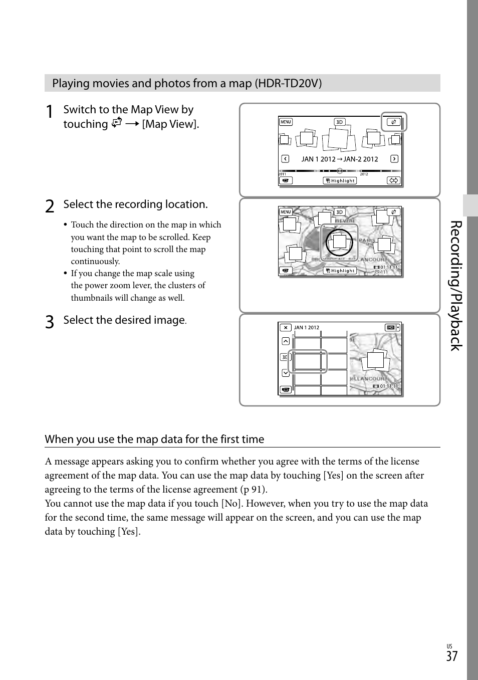Playing movies and photos from a map (hdr-td20v), Rec or ding/p la yback | Sony HDR-TD20V User Manual | Page 37 / 191